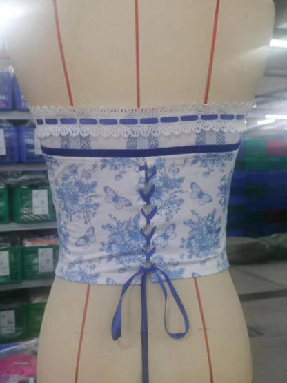 Women's Spring Blue and White Porcelain Print Sexy Backless Cropped Top