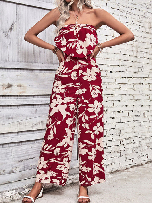 Women's new tube top printed tight red jumpsuit