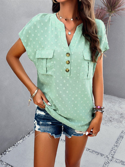 Women's new temperament casual jacquard V-neck button top