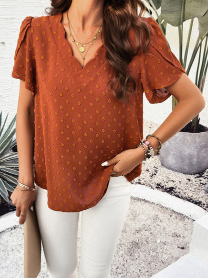 Women's new style solid color V-neck ruffle sleeve top