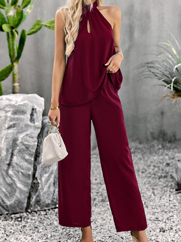 Women's new elegant and fashionable halterneck sleeveless tops and straight pants two-piece set