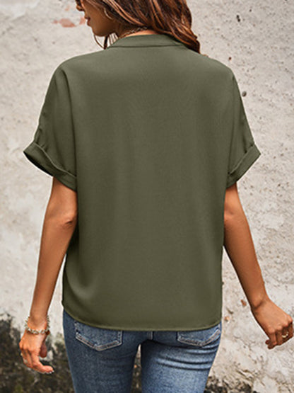 New solid color v-neck elegant commuter shirt with pockets