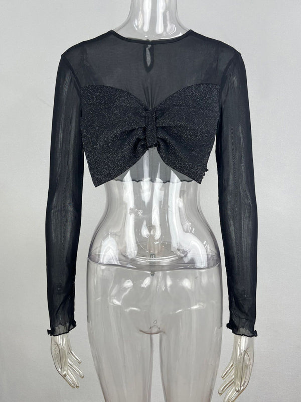 Women's new fashionable round neck big bow long-sleeved sexy see-through short top