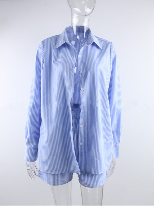 Women's casual striped shirt and shorts two-piece set