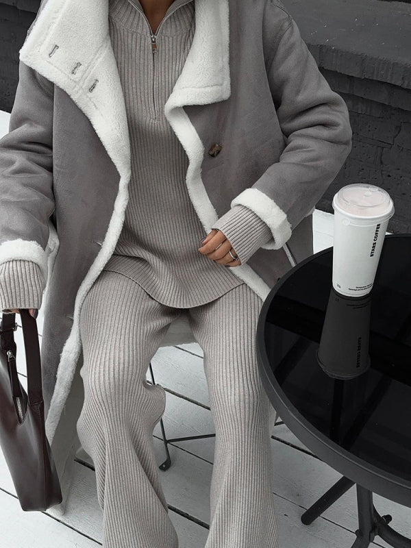 Women's patch pocket gray and white color block coat lapel one-piece fur coat
