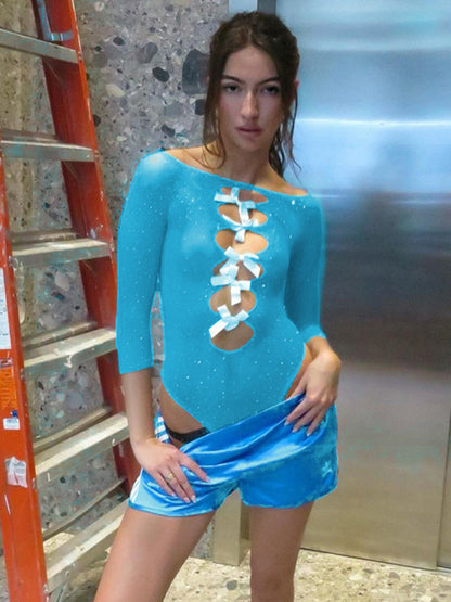 Women's new sexy hot girl high elastic knitted see-through bow hollow hot diamond jumpsuit