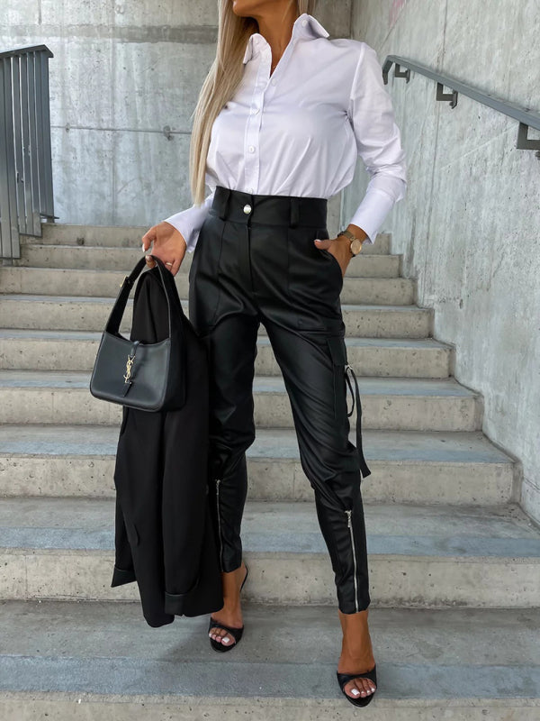 Women's Fashion Slim Fit PU Leather Waist Leg Pants Pockets