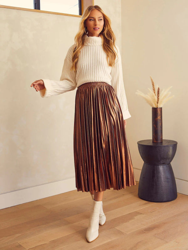 New shiny pleated high-waisted A-line mid-length skirt