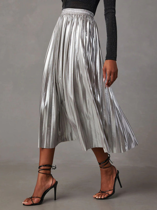 New shiny pleated high-waisted A-line mid-length skirt