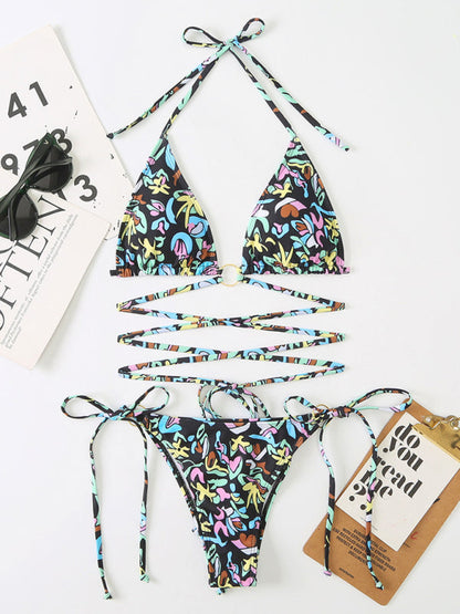 Women's New Bikini Floral Print Beach Strap Swimsuit