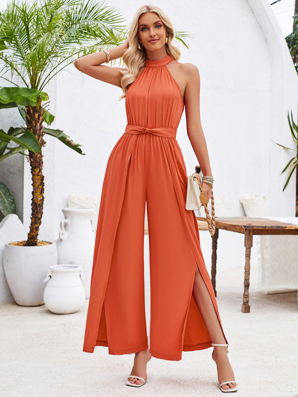 Women's solid color halterneck strappy jumpsuit