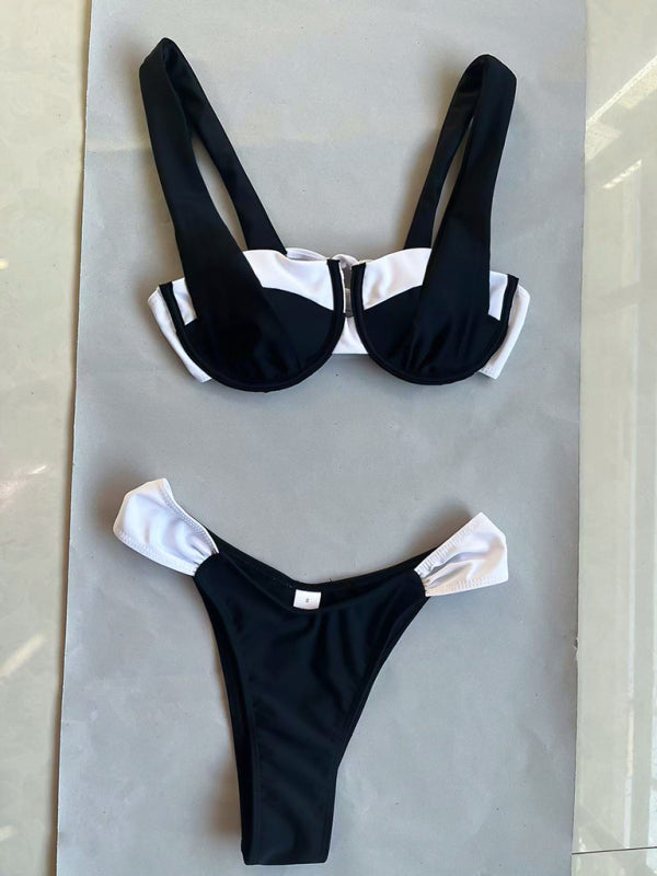 Women's black and white color matching beach strap suspender sexy two piece bikini