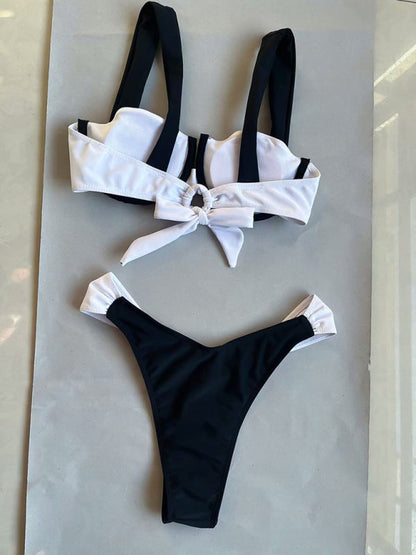 Women's black and white color matching beach strap suspender sexy two piece bikini