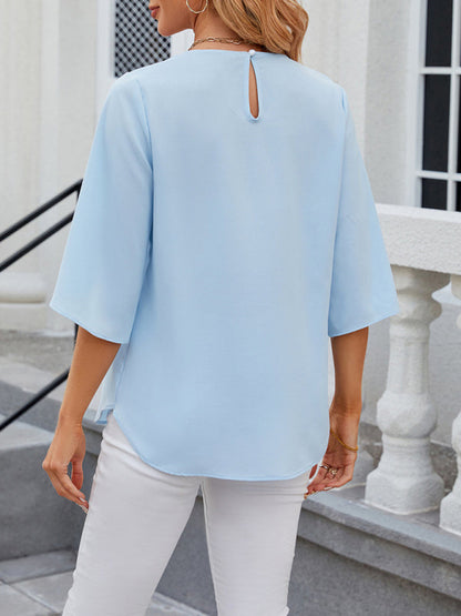 Women's New Round Neck Quarter Sleeve Loose Chiffon Shirt Top