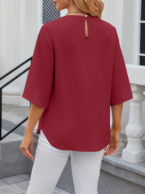Women's New Round Neck Quarter Sleeve Loose Chiffon Shirt Top