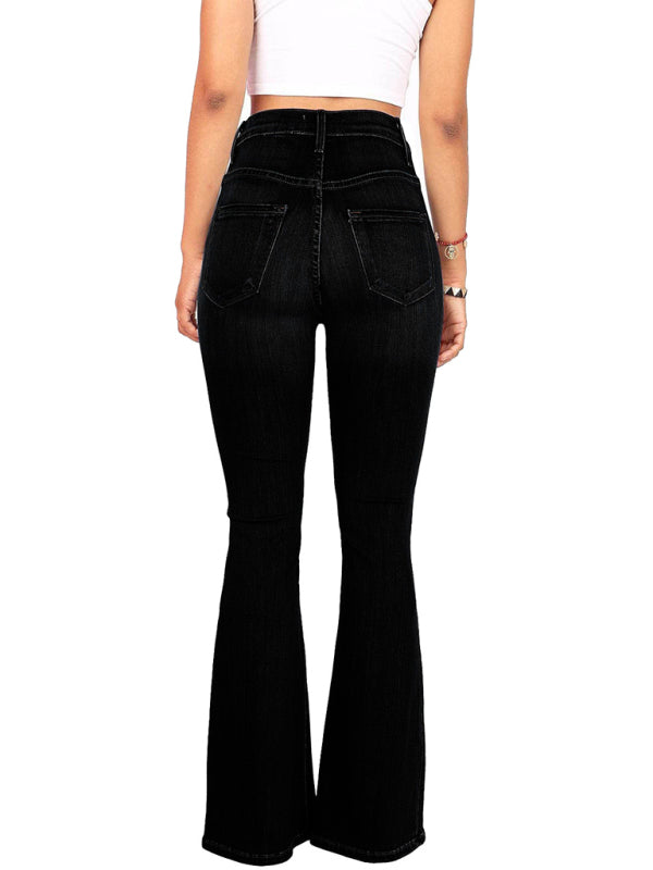 Women's new high-waist washed button slim fit slightly flared wide-leg denim trousers