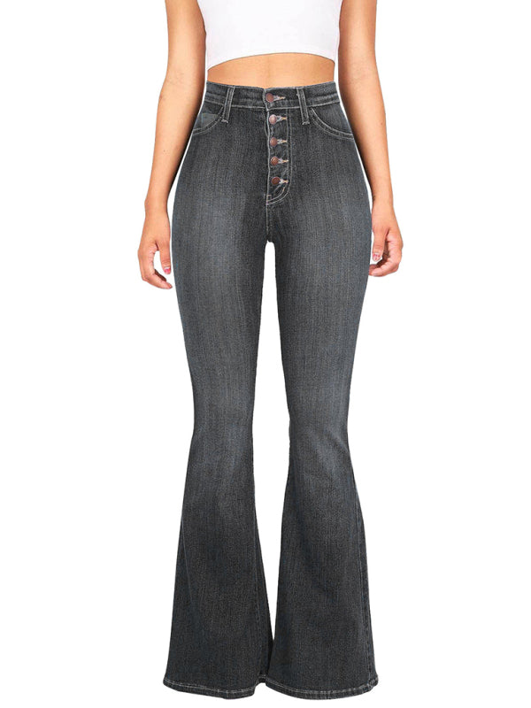 Women's new high-waist washed button slim fit slightly flared wide-leg denim trousers