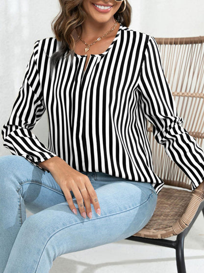 Women's Long Sleeve Round Neck Striped Print Top blouse