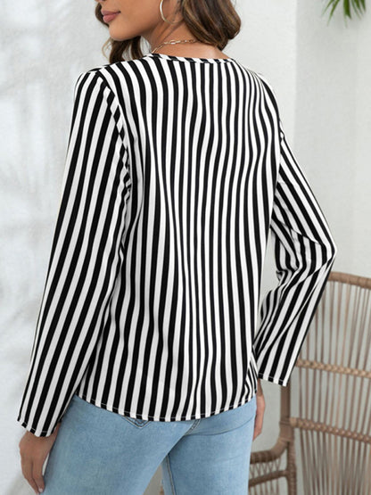 Women's Long Sleeve Round Neck Striped Print Top blouse