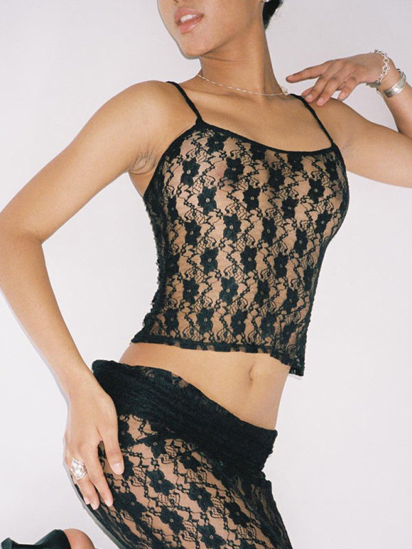 Women's sexy suspender lace lace-up see-through vest
