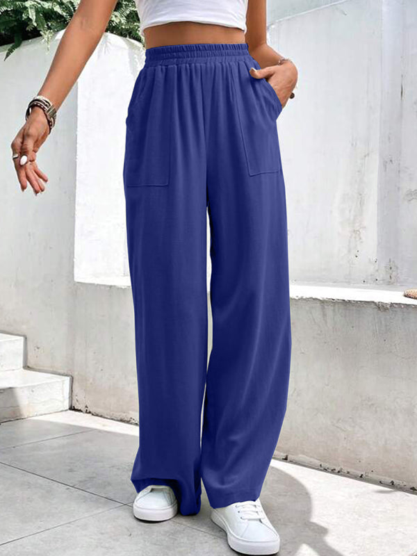 New women's mid-waist straight pants, loose sports solid color pocket casual trousers