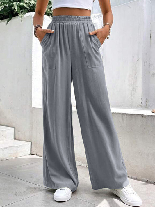 New women's mid-waist straight pants, loose sports solid color pocket casual trousers