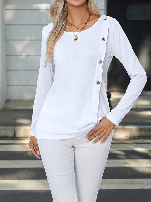 New Women's Button Decorated Round Neck Casual Long Sleeve T-Shirt
