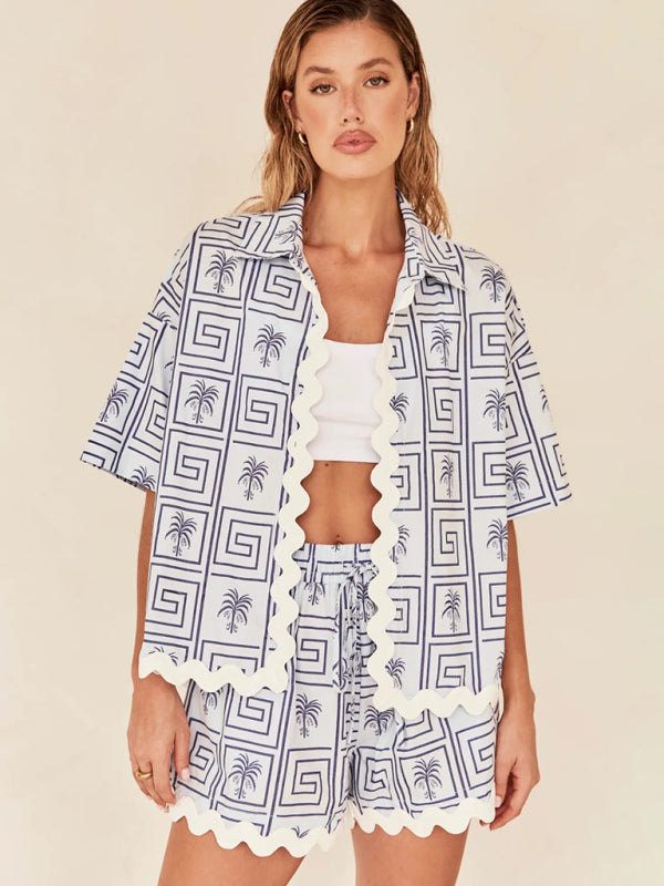 Fashionable Simple Cardigan Women's Wave Pattern Stitching Fashion Set (Vest Not Included)
