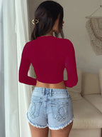 New solid color round neck slim fit inner midriff-baring long-sleeved short T-shirt