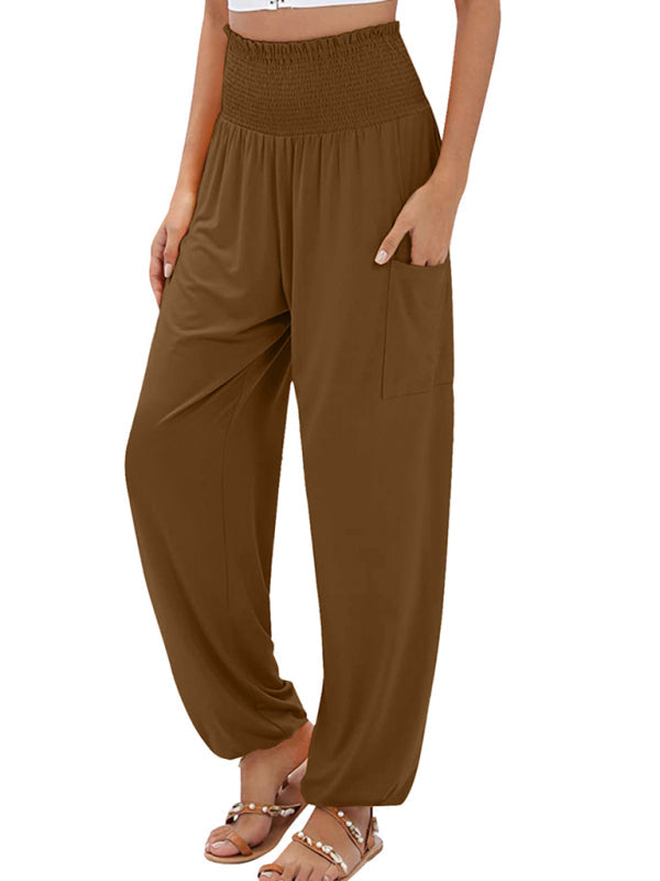 New women's elastic high waist wide leg casual trousers