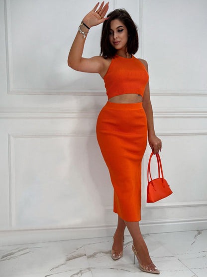 Women's Solid Color Vest Top Slim Fit Slit Skirt Two Piece Set