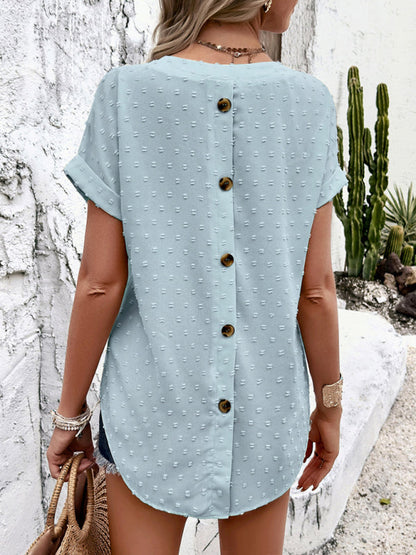 Women's solid color casual short-sleeved V-neck jacquard fabric shirt