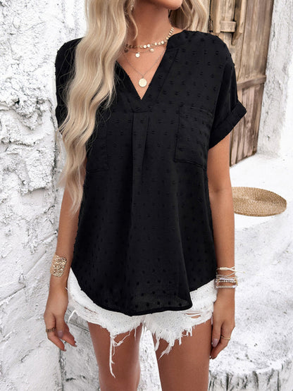 Women's solid color casual short-sleeved V-neck jacquard fabric shirt