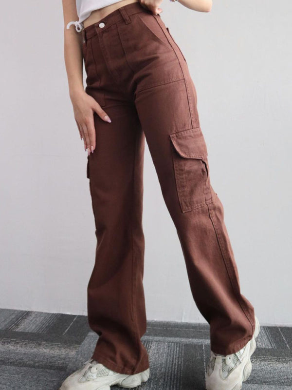 Versatile casual pants, mid-rise three-dimensional pocket trousers, waist-cinching overalls