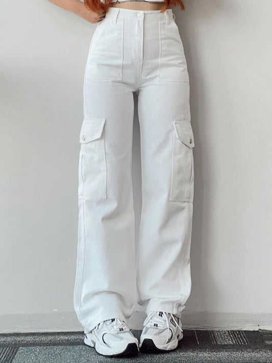 Versatile casual pants, mid-rise three-dimensional pocket trousers, waist-cinching overalls