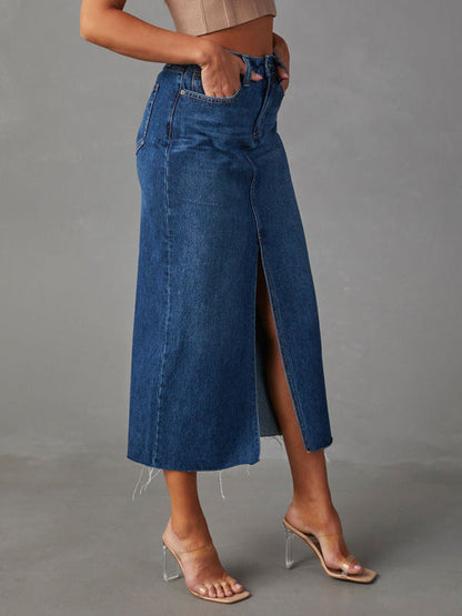 New front slit denim high waist a line mid length skirt