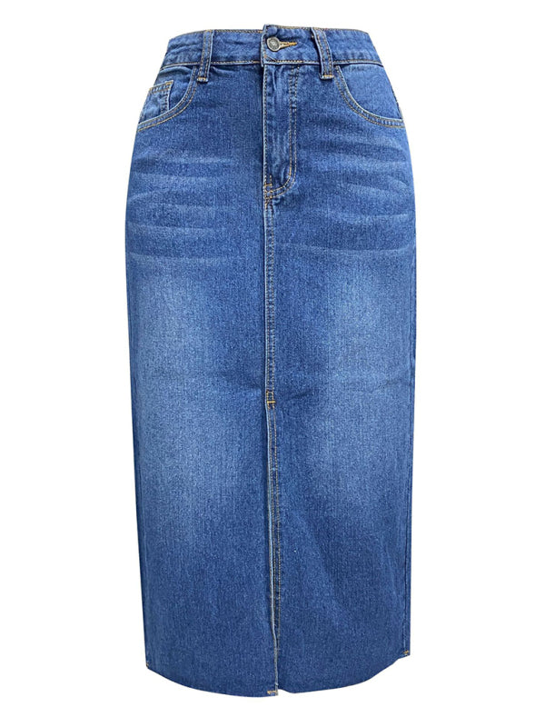 New front slit denim high waist a line mid length skirt