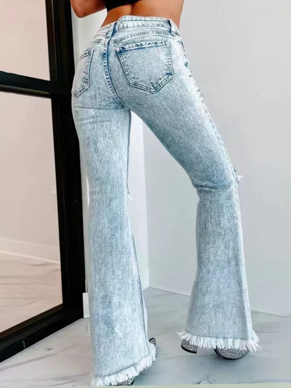 Women's Long Ripped Flares Washed High Waist Jeans