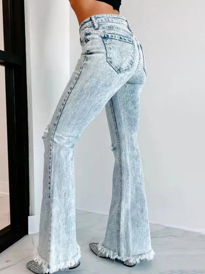 Women's Long Ripped Flares Washed High Waist Jeans