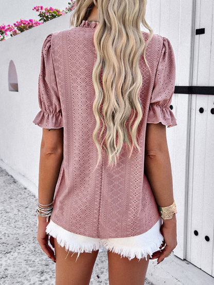 Casual solid color short sleeve hollow top