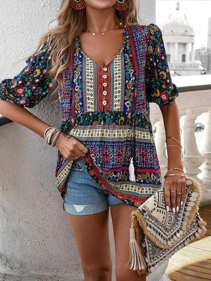 Women's new tassel V-neck printed casual resort style top