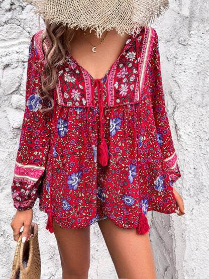 Women's Casual Spring and Summer Vacation Bohemian Print Lace-up Long Sleeve Shirt