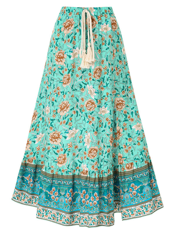 New casual bohemian printed waist drawstring skirt