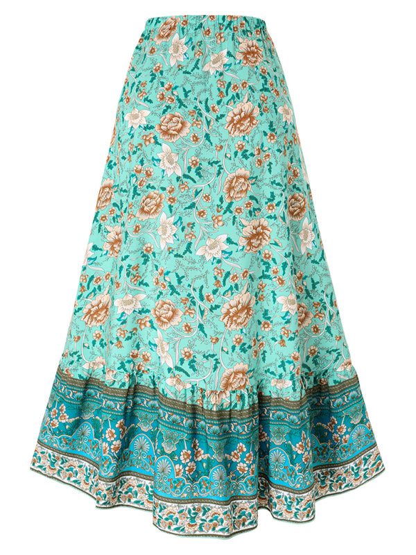 New casual bohemian printed waist drawstring skirt