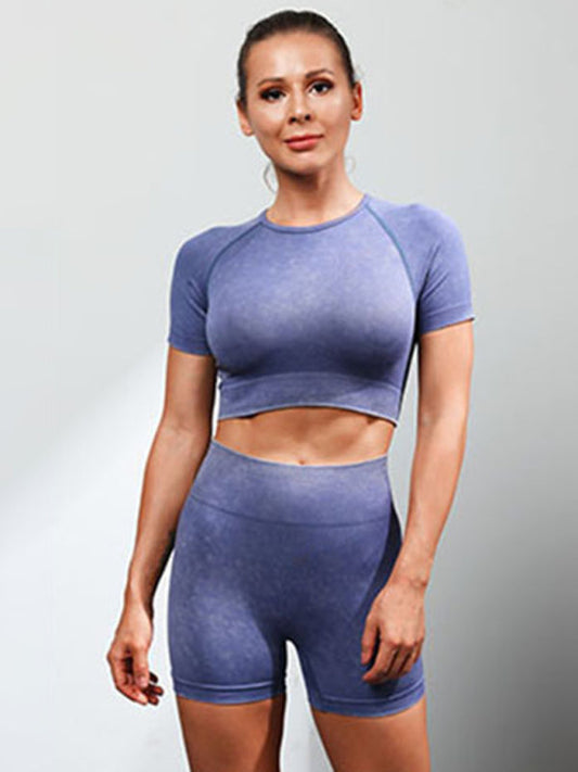 Comfortable Short-Sleeved Top + Shorts Fitness Set (Blue)