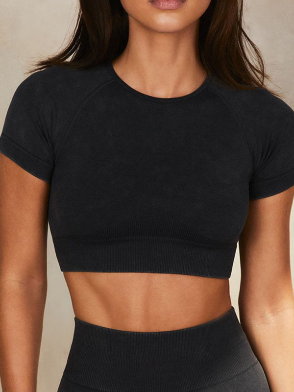 Comfortable Short-Sleeved Top + Shorts Fitness Set (Black)
