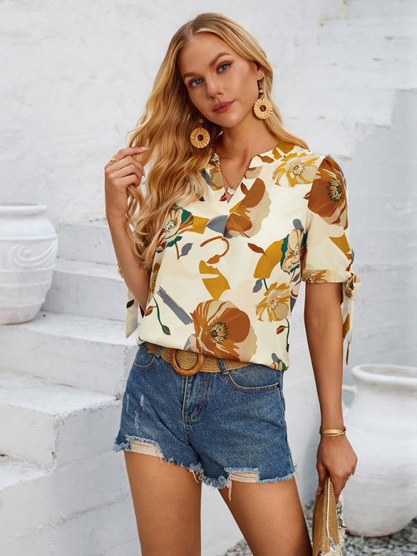 New fashionable printed casual V-neck knotted top