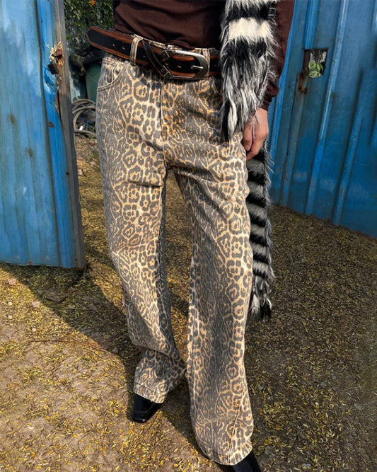 New retro leopard print street straight wide leg loose denim trousers