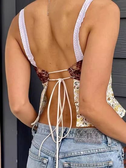 New women's top Y2K floral fashionable lace-up tube top hot little vest