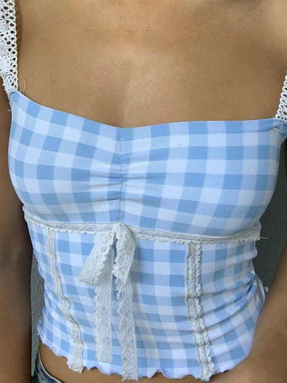 Spliced lace small suspender slim short plaid vest